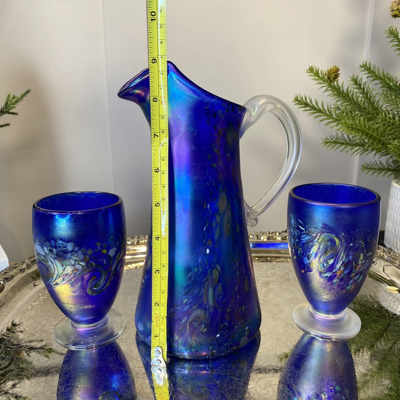 Hand Blown Venetian Italian Art Glass pitcher and glasses set Blue Color signed - Picture 11 of 14